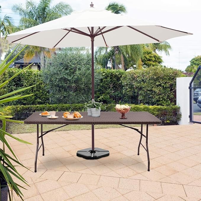 Tangkula 6Ft Rattan Folding Table, Indoor Outdoor Portable Foldable Table with 1.8 Inch Umbrella Hole, Heavy Duty Metal Frame, Carrying Handle for Camping Picnic Backyard BBQ