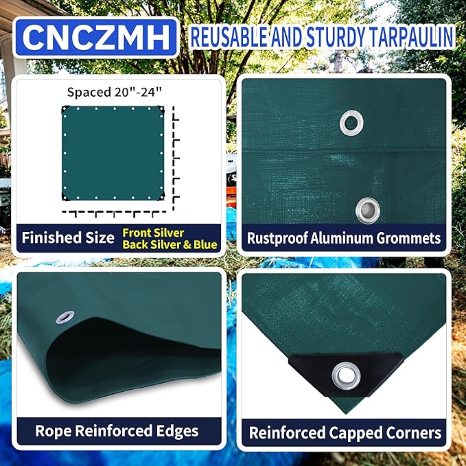 Heavy Duty Tarp Waterproof, 16 Mil Thick Finished Size Tarps Outdoor, Multipurpose Tarpaulin Cover, Small Tarp for Emergency Rain Shelter Camping (Green, 8x10ft)