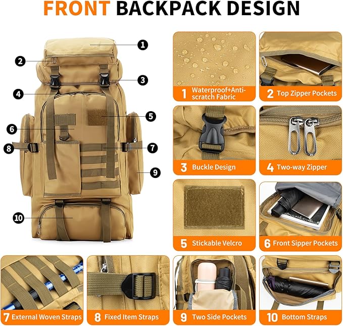 Hiking Backpack Tactical Backpack for Men Women, 80L Military Backpack Rucksack Waterproof Large Travel Camping Backpack for Men, Molle Rucksack Outdoor Sport Travel Cycling Daypack (Khaki)