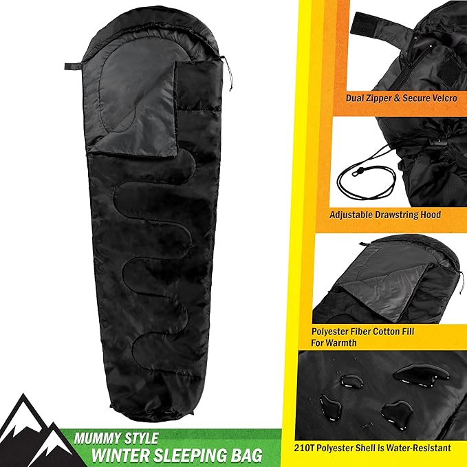 Mummy Sleeping Bag - Adult Cold Weather Sleeping Bag Rated to 25°F - Waterproof with Drawstring Hood - Camping Equipment by Wakeman Outdoors