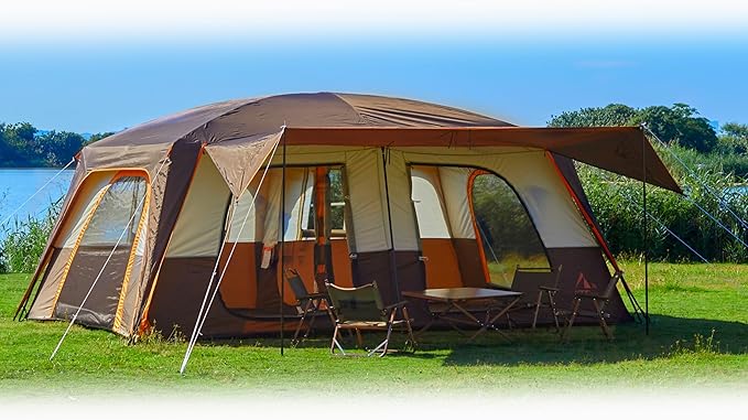 KTT Extra Large Tent 12-14 Person,Family Cabin Tents,2 Rooms,Straight Wall,2 Doors 4 Windows with Mesh,Waterproof,Straight Wall,Big Tent for Outdoor,Picnic,Camping,Gathering(Brown)