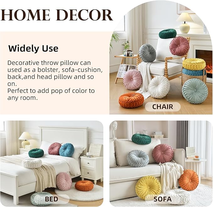 2 Pcs Round Throw Pillows Decorative Pumpkin Velvet Boho Pleated Bed Pillows Back Support for Couch Chair Dorm Car 14.96'' (Red)