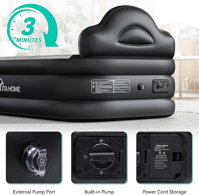 YITAHOME Twin XL Size Air Mattress with Built-in Pump, 18in Inflatable Bed with Headboard, Blow Up Mattress with Carry Bag and Repair Tools for Guest, Travel, and Camping, Black