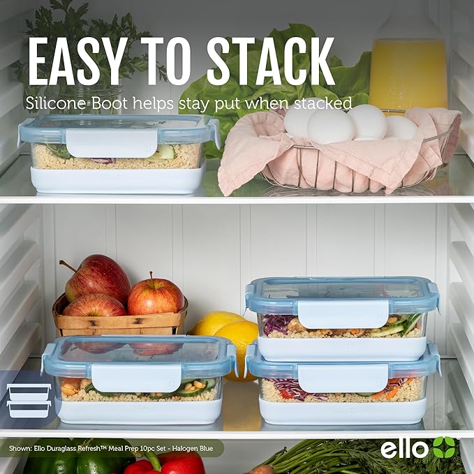 Ello Duraglass 3.4 Cup Meal Prep Sets 10Pc,Set-Glass Food Storage Container with Silicone Boot and Airtight BPA-Free Plastic Lids,Dishwasher,Microwave,and Freezer Safe,Halogen Blue,5 Count (Pack of 2)