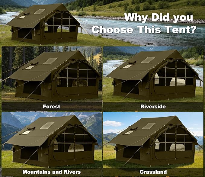 Inflatable Tents for Camping with Stove Jack, 2/4/6/8 Person Easy Setup Blow Up Tents for 4 Seasons Waterproof Inflatable Camping Tent with Awning, Air House Glamping Tents for Camping Adult