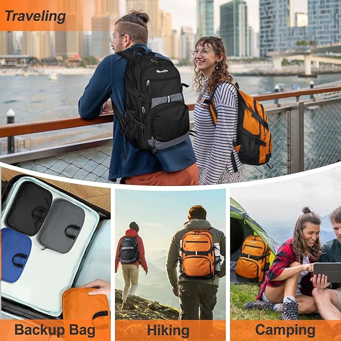 Seektop Lightweight Travel Backpack for Men Women, Multiple Pockets 40L Hiking Backpack Foldable Carry on Backpack for Outdoor Camping Sport Leisure (Black)