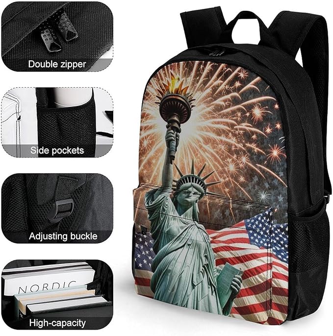 Supdreamc Men Women Lightweight Statue Of Liberty American Flag Firework Patriotic Casual Daypack Big Capacity Bookbag With Padded Straps for Gym Travel Walking Cycling