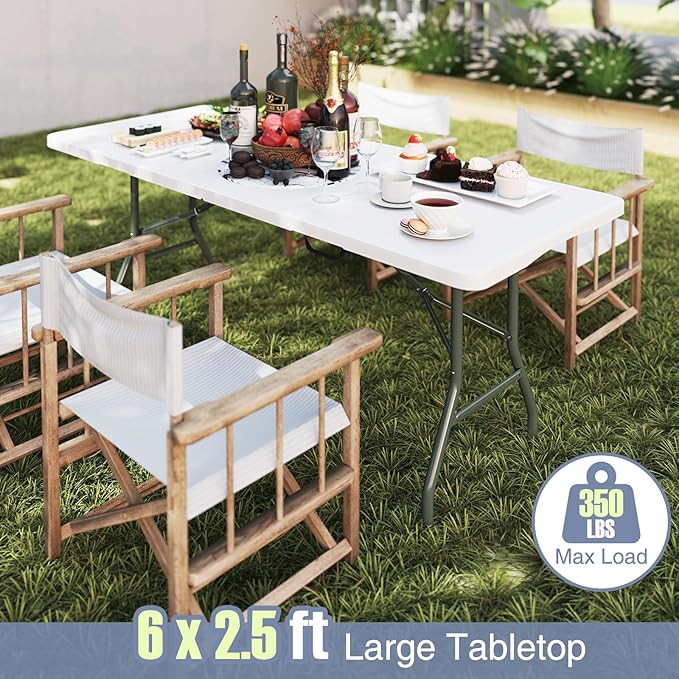 Folding Table, HDPE Portable Table with 6 ft Long Tabletop, Metal Frame Picnic Camping Table with Safe Lock, Collapsible Dining Table for Camping, Picnic, Party (White, 6 FT)