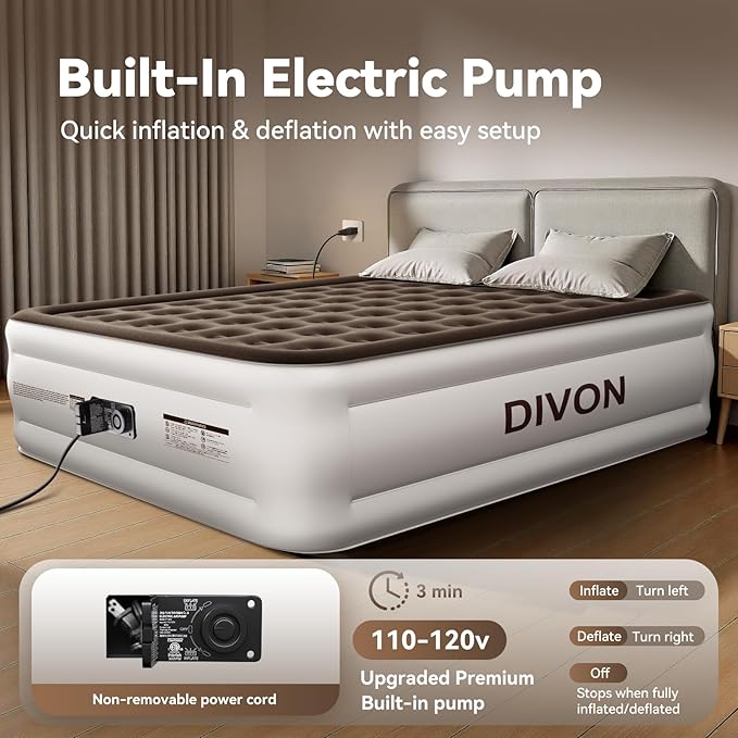 DIVON King Air Mattress with Built in Pump Raised, 3 Min Self Inflatable Mattress, 18’’ Blow up Mattress for Adults, 750 LBS Portable Air Bed for Guest, Camping, Travel & Floor, Brown