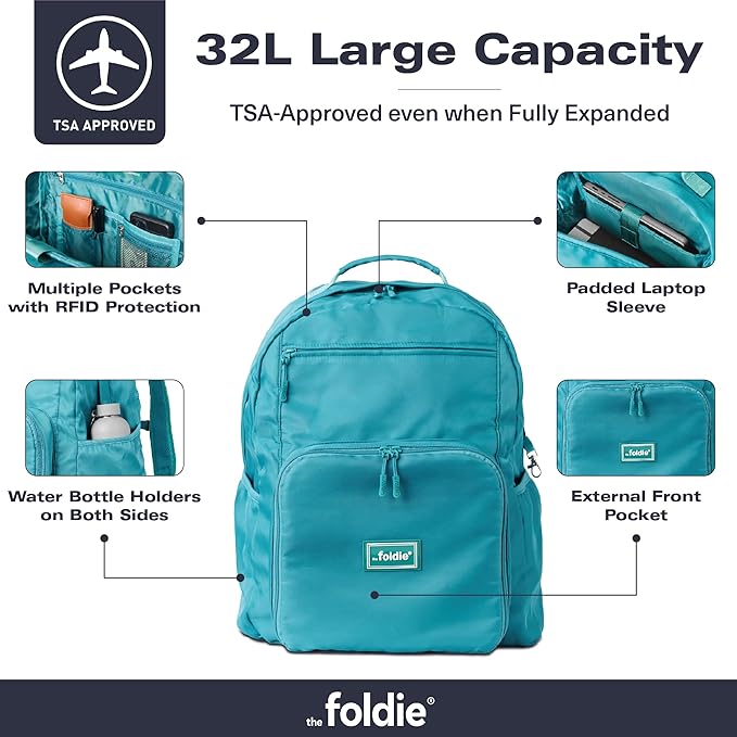 The Foldie Packable Backpack for Travel 32L - Lightweight Foldable Backpacks with Trolly Sleeve & RFID Protection - Water-repellent Casual Daypack Backpacks for Hiking, Camping & Gym - Teal