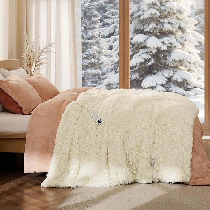 Bedsure Faux Fur Heated Blanket Twin Size, Fast Heating Fluffy Electric Blanket, Heating Blanket Twin Size with 10 Time Settings & 6 Heat Settings, Cozy Gifts for Women Men (62x84 inches, Cream)