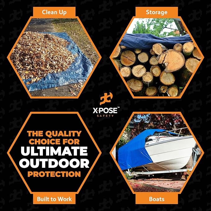 Xpose Safety 6’ x 8’ Heavy Blue/Brown Tarp - Waterproof - 7 Mil Weatherproof Camping Tarp for Tent, Rain, Wind & Sun - Plastic Tarpaulin Cover Outdoor for Roof, Trailer, RV, Car, Boat