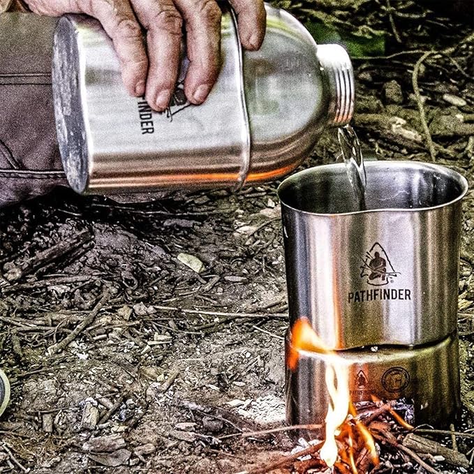 The Pathfinder School Metal Canteen Cooking Set - Survival Gear - Camping Essentials Mess Kit - Military Grade Outdoor Eating Kit - Hiking and Trail Cook Set
