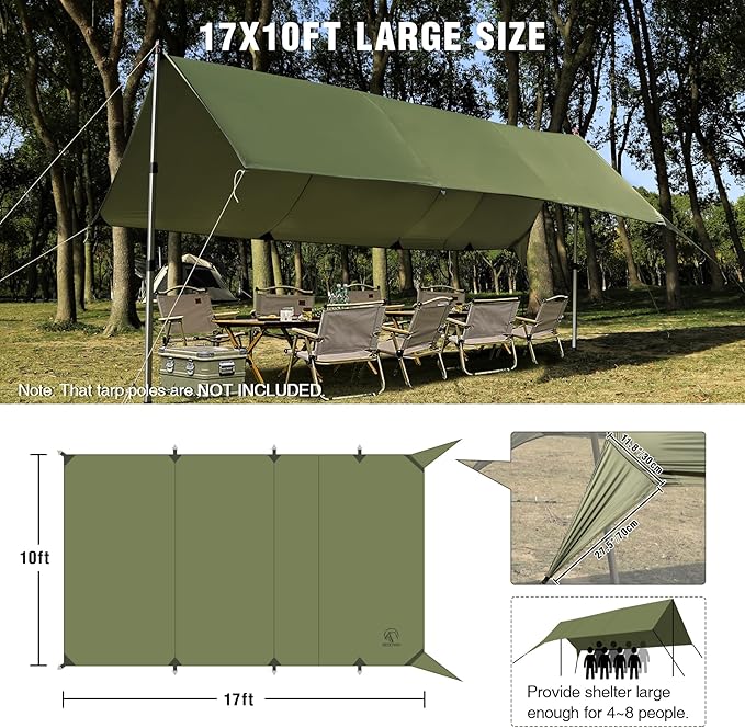 REDCAMP 10x17ft Large Waterproof Camping Tarp, Hammock Rain Fly with UV50+ Sun Protection, 8 Guy Lines & Stakes, Backpacking Tent Shelter for Camping, Hiking, Beach (Green)