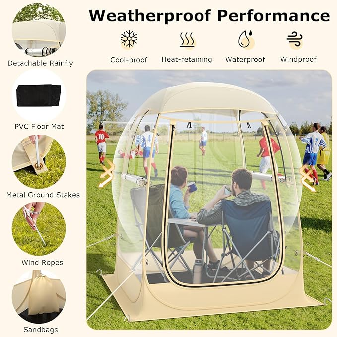 Pop up Sports Tent, Portable Weather Pod for 1-6 Person, Garden Screen House Shelter with Floor Mat & Carry Bag, Outdoor Clear Bubble Tent for Sports Event Soccer Camping (4.2 x 4.2 x 5.2 ft)