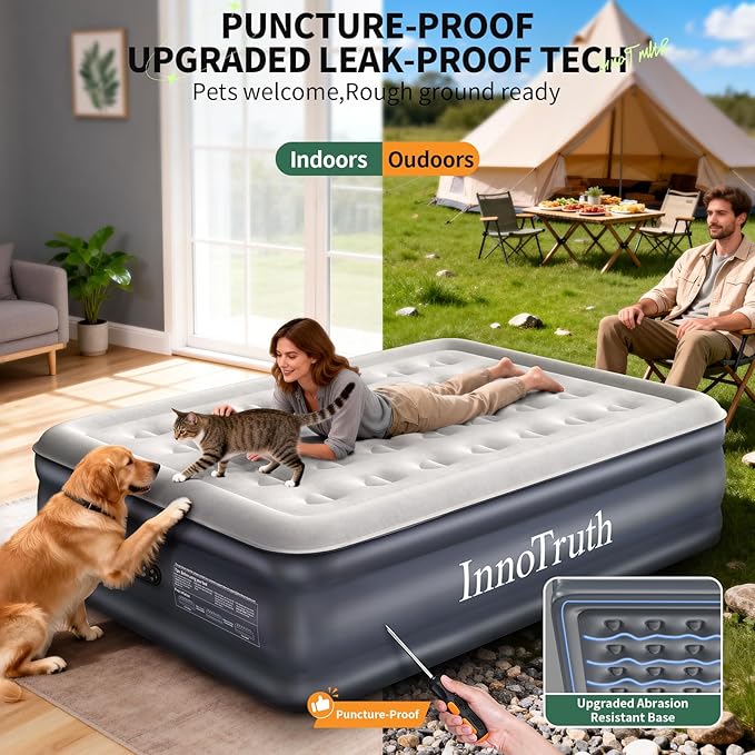 InnoTruth Queen Air Mattress with Built in Pump, Upgraded PVC to Prevents Air Leaks,Enhanced Durability Inflatable Blow up Mattress，Air Bed for Guest & Home, Ideal for Family, 650 lbs