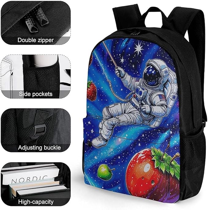 Supdreamc Backpack Multipurpose Anti-Theft Large Capacity Bookbag, Space Astronaut Galaxy Strawberry Art Travel Hiking Daypack With Side Pockets