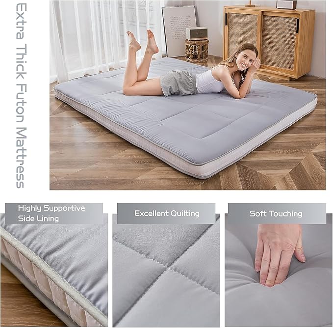 MAXYOYO Futon Mattress, Japanese Floor Mattress Queen Size, Quilted Bed Mattress Topper, Extra Thick Folding Sleeping Pad Breathable Floor Lounger Guest Bed for Camping Couch, Grey