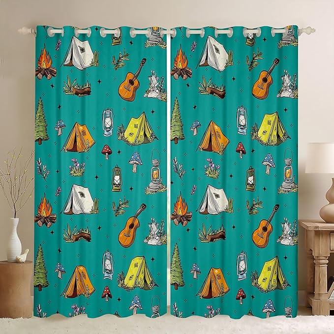 Feelyou Green Camping Camper Curtains for Bedroom Living Room Campfire Camper Accessories Blackout Shades Happy Camping Room Darkening Curtain Window Treatments, 2 Panels 52 x 90 Inch Decor