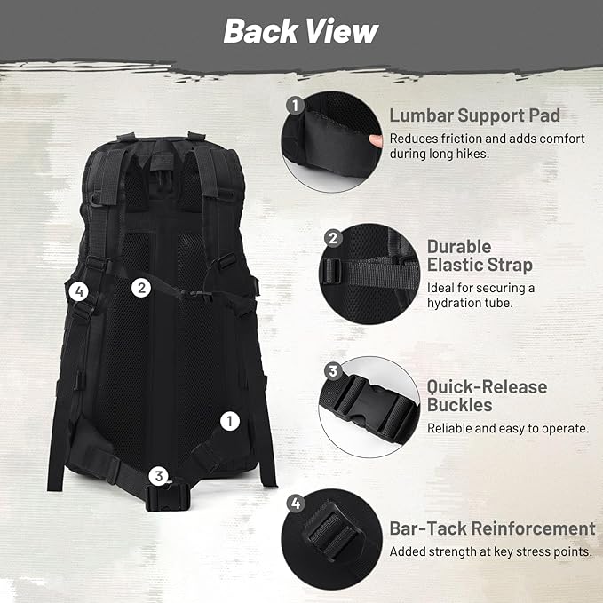 50L Tactical Backpack for Men and Women, Water-Resistant Molle Rucksack, Large Military Assault Pack for Hiking, Hunting, Camping, Gym & Outdoor Survival Black