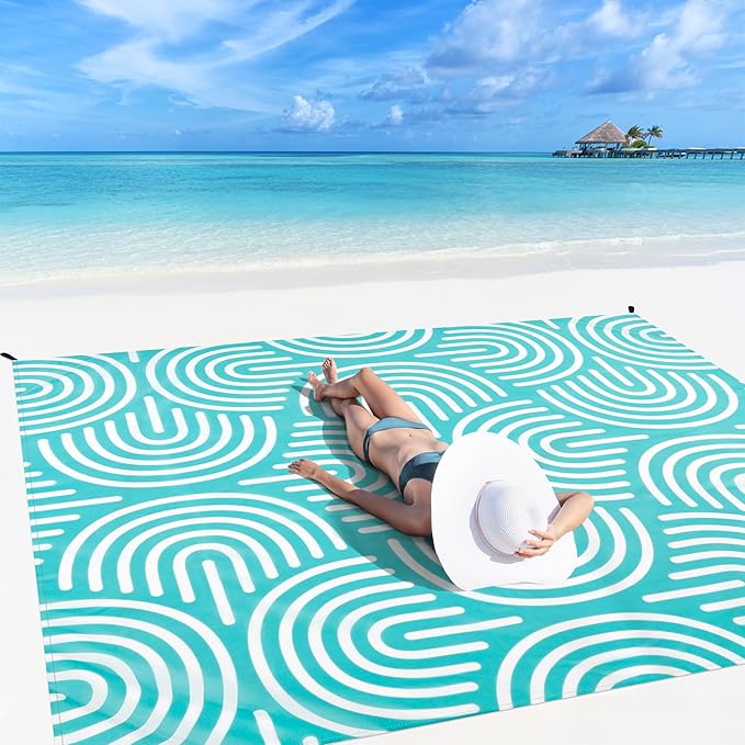 Beach Blanket, 78''×86'' Large Waterproof Sandproof Beach Mat for 2-4 Adults, Lightweight Compact Sand Free Outdoor Picnic Blanket with 4 Stakes & 4 Corner Pockets