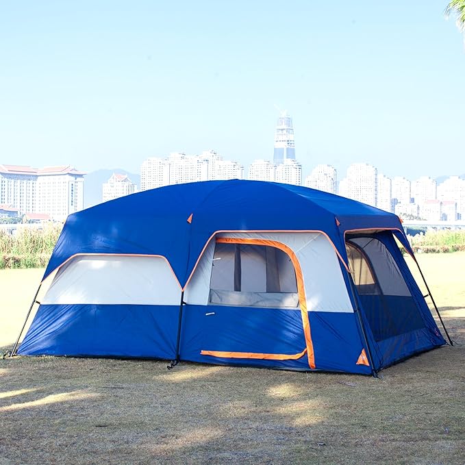 KTT Extra Large Tent 6-10-12-14 Person(Style-B),Family Cabin Tents,2 Rooms,3 Doors and 3 Windows with Mesh,Straight Wall,Waterproof,Double Layer,Big Tent for Outdoor,Picnic,Camping,Family Gathering