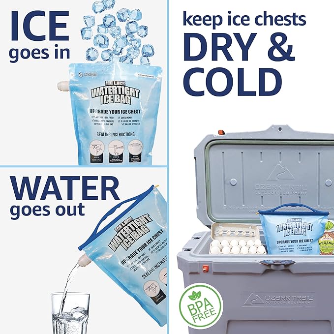 Large Leakproof Ice Bag. Reusable Ice Pack for Cooler - Long Lasting Instant Cooler Ice Packs - Drop in Cubed Ice to Make Cold, Dry Freezer Packs for Coolers - Drink Your Ice When It Melts