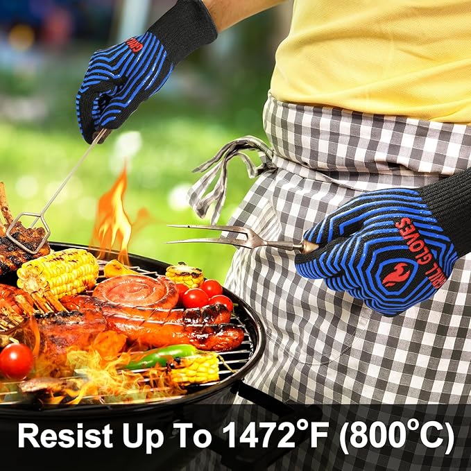 QUWIN BBQ Gloves, Oven Gloves 1472℉ Extreme Heat Resistant, Grilling Gloves Silicone Non-Slip Oven Mitts, Kitchen Gloves for BBQ, Grilling, Cooking, Baking-1 Pair (One Size Fits Most, Black/Blue)