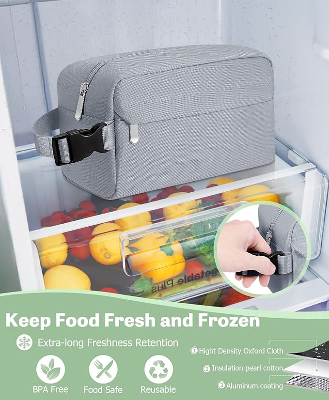 Small Insulated Snack Bag Lunch Bag for Kids Lunch Box, Collapsible [3L/5-Can] Reusable Lunch Bag Cooler Bag for Bottle with Handle Buckle for Work School Travel, Gray