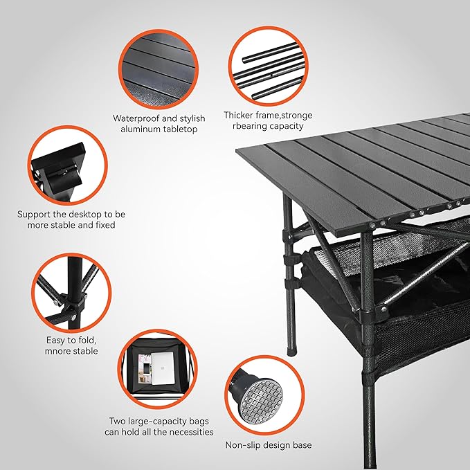 Ultralight Aluminum Foldable Camping Table - Portable Roll-Up Design with Carry Bag, for Indoor Outdoor Camping Beach Backyard BBQ Parties Picnic Patio