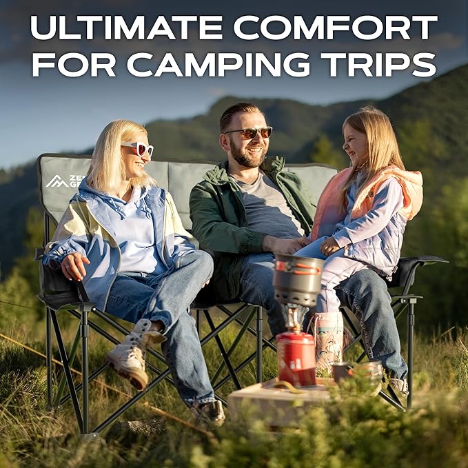 Oversized Fully Padded Double Camping Chair, Portable Folding Loveseat w/Side & Back Pockets, Adjustable Armrests, Double-Sized Cup Holders for Outdoor, Indoor, Supports 530LBS (Black)