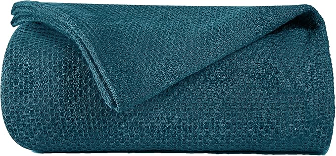 BOUTIQUO 100% Cotton Bed Blanket, Breathable Thermal Blanket Full - Queen Size, Soft Honeycomb Waffle Blanket 90"x90", Cotton Bed Blanket, Perfect for Layering Any Bed for All Season, Teal