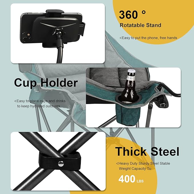 Northroad Oversized XL Padded Camping Chair w/Cell Phone Holder, Large Camp Lounge Chair, Foldable Lawn Chair w/Cup Holder,Carry Bag for Outdoor Hiking, Beach, Picnics, Heavy-Duty 400-lbs Capacity