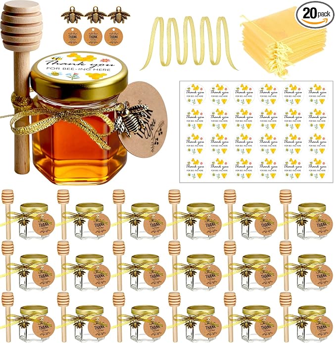 Ahhute Honey Jar, Mini Honey Jars with Dipper, Glass Honey Pot Baby Shower Favors, Party Favors & Wedding Favors, Hexagon Honey Container with Lid, Bee Charms, Fabric Ribbons and Bags, 20 Pack 1.5oz