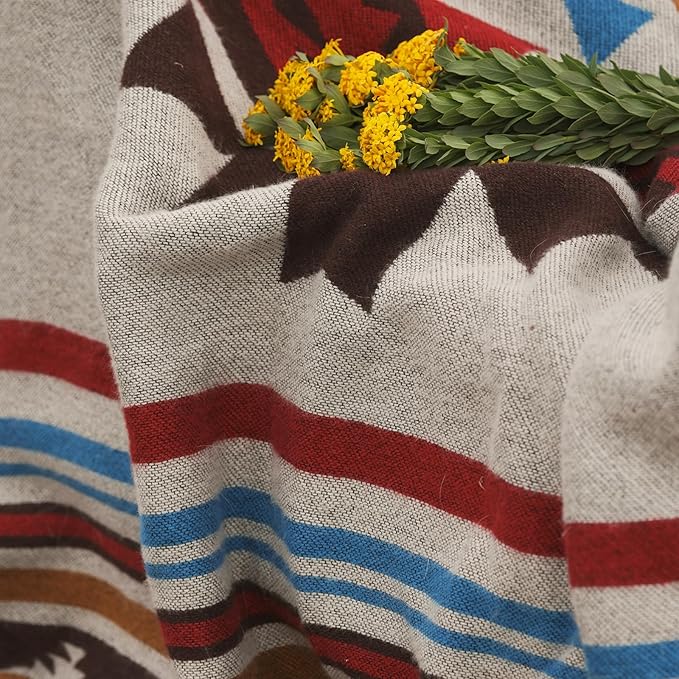 Aztec Throw Blanket with Soft Sherpa Lining, Traditional Southwestern Navajo Tribal Style Warm Throw for Camping, Outdoor, Cozy Boho Blanket for Couch, Sofa, Bed, 50"x60", Stripe Red