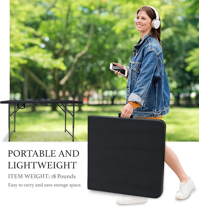 AJP Distributors 4 Foot Portable Plastic Folding Table 4FT 48" Half Foldable Heavy Duty Top w/Carry Handle - Indoor Outdoor Backyard Camping Picnic BBQ Party Wedding Dining Office Event Meeting Black