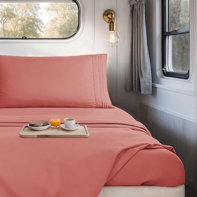 Hearth & Harbor Short Queen Sheets for RV, Pink Clay RV Queen Sheets, Silky Soft 1800 Microfiber Bed Sheet for Camper, 4 Piece RV Bedding with Pillowcases