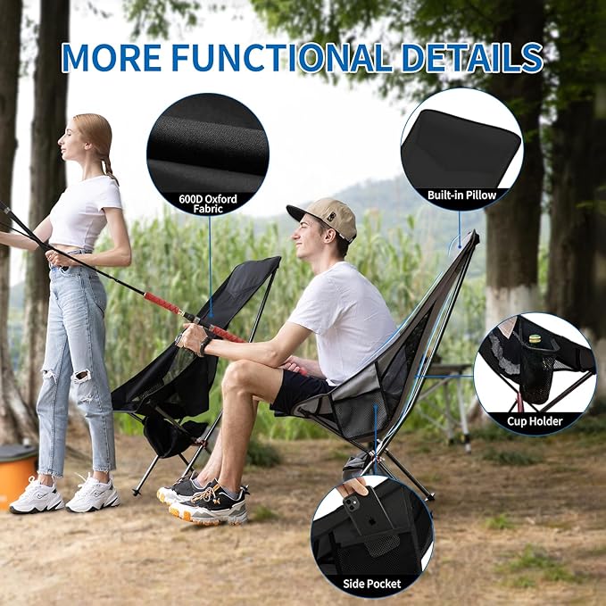 SHALLWE Camping Chairs, All Aluminum Frame Portable Folding Camp Chair for Adults, Heavy Duty High Back Collapsible with Built-in Pillow, Side Pocket, Carry Bag for Backpacking, Hiking, Beach