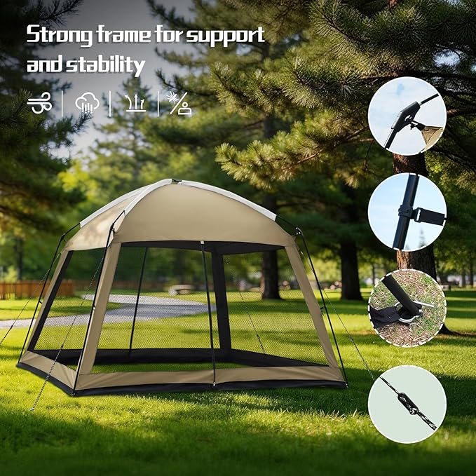 12 x 12 FT Camping Screen Tent for 8-10 Person, Easy Setup Screen House with UV 50+ Sun Protection & Mosquito Net for Camping, Backyard, Picnic, Patio Outdoor Kakhi