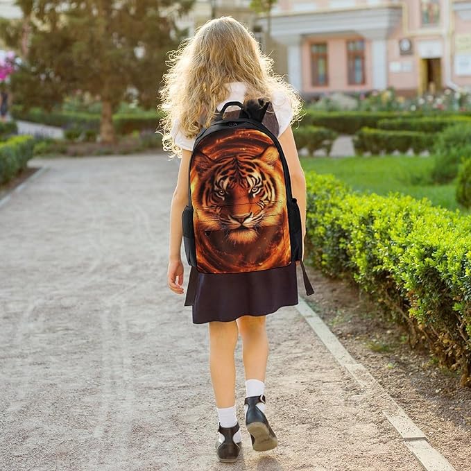 Daypack Backpack Multipurpose Anti-Theft Large Capacity Bookbag, Wild Angry Animal King Fire Flame Tiger Travel Hiking Camping Rucksack With Adjustable Shoulder Straps