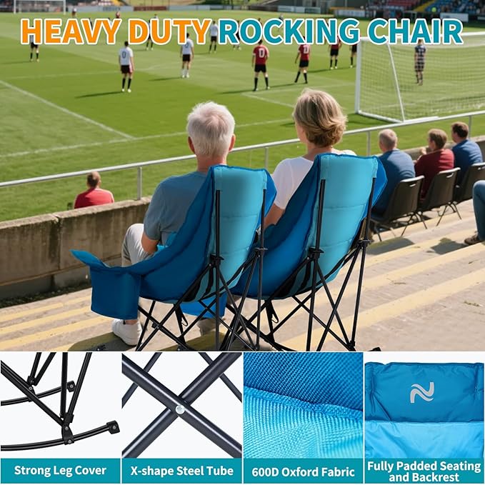 Oversized Rocking Camping Chair for Adults - Padded Recliner Rocker - Folding Lawn Chair with Cooler Bag and Pockets - Portable Rocker Chair Outdoor for Camp Patio Backyard