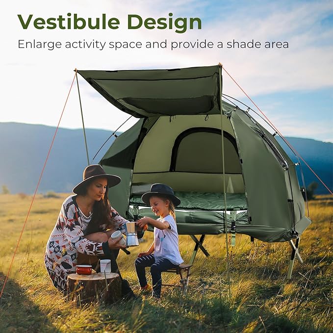 KOTEK 5-in-1 Tent Cot with Air Mattress, Sleeping Bag, Pillow, Canopy, Zippered Mesh Windows & Carry Bag, Elevated Tent for Camping, Hiking, Traveling, Picnic