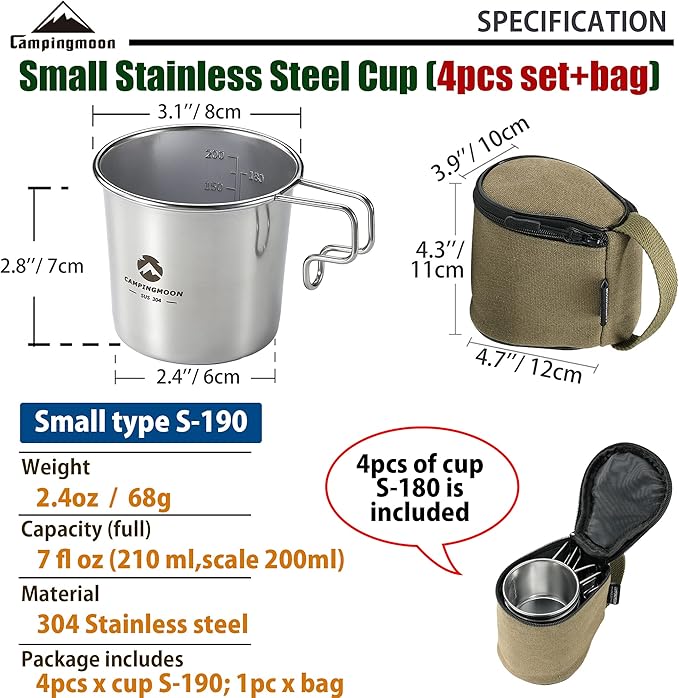CAMPINGMOON 7oz Mug Cup Stackable 304 Stainless Steel Small Little Camping Beer 210ml S-190 (4pcs set/w bag)