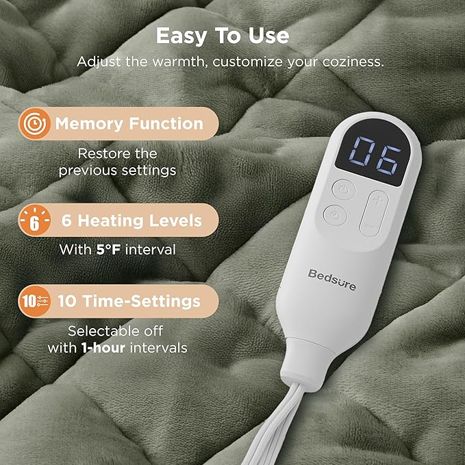 Bedsure Electric Blanket Full Size - Quilted Heated Blanket Full, Soft Flannel Thick Heating Blanket with 10 Time Settings & 6 Heat Settings, Warm Gifts for Women Men (72x84 inches, Olive Green)