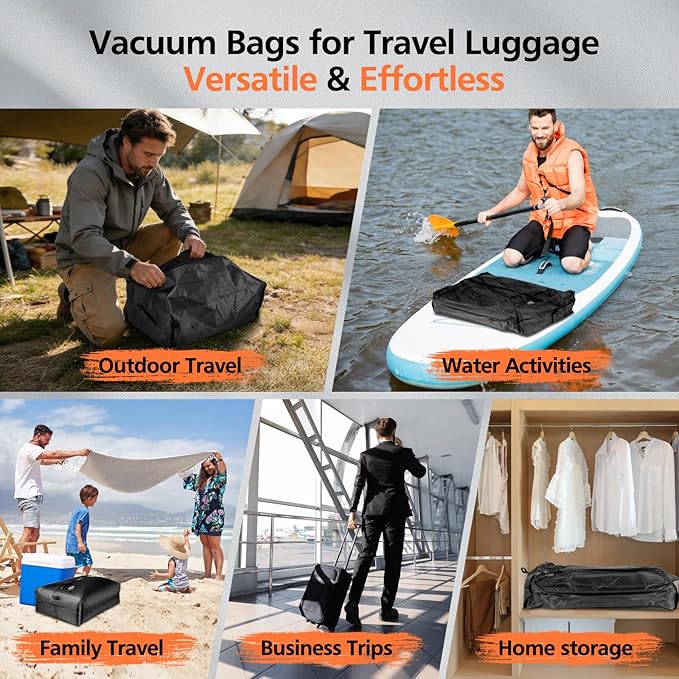 Travel Vacuum Bags with Wireless Pump,IP67 Waterproof,Tear-Resistant Vacuum Packing Cubes,Reusable Compression Bags for Travel for Hiking & Camping,Suitcase，Home Storage(2Pack+Pump)