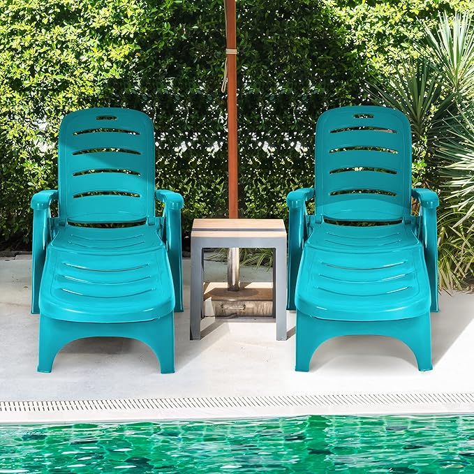 Tangkula Outdoor Chaise Lounge Chair, Adjustable 5-Position Recliner Chair with Built-in Wheels, Weather-Resistance Folding Lounge for Patio, Backyard, Poolside and Beach (1, Turquoise)