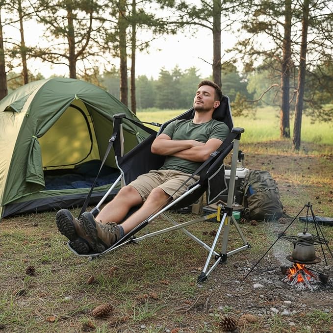 Romswi 2Pk Aluminum Hammock Camping Chair with Footrest, Oversized Portable Swinging Chair with Adjustable Back & Seat, Lightweight Folding Rocking Camp Chair Supports 440lbs for Outdoor, Patio Blue