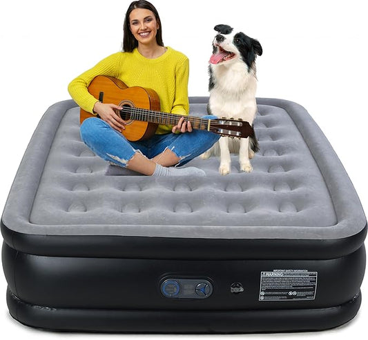 Queen Air Mattress with Built in Pump, Inflatable Mattress for Home, Blow up Air Bed 3 Min Quick Inflation and Deflation, Thin Velvet Top, 18'' Queen Size Gray