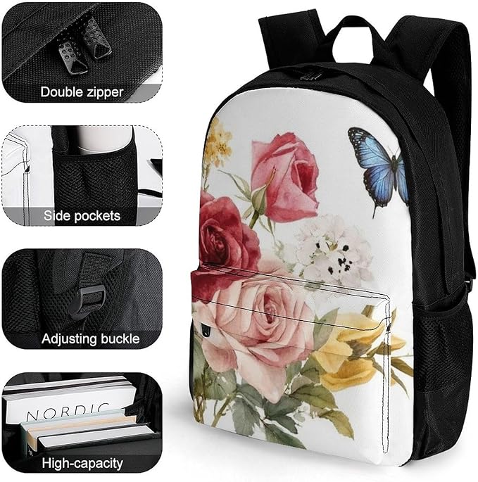 Lightweight Backpack for Gym Travel Bicycle, Big Capacity Multipurpose Anti-Theft Carry On Bag, Flower Shabby Chic Roses Buds Leaves Tulips Floral Butterfly Travel Hiking Bag Day Pack
