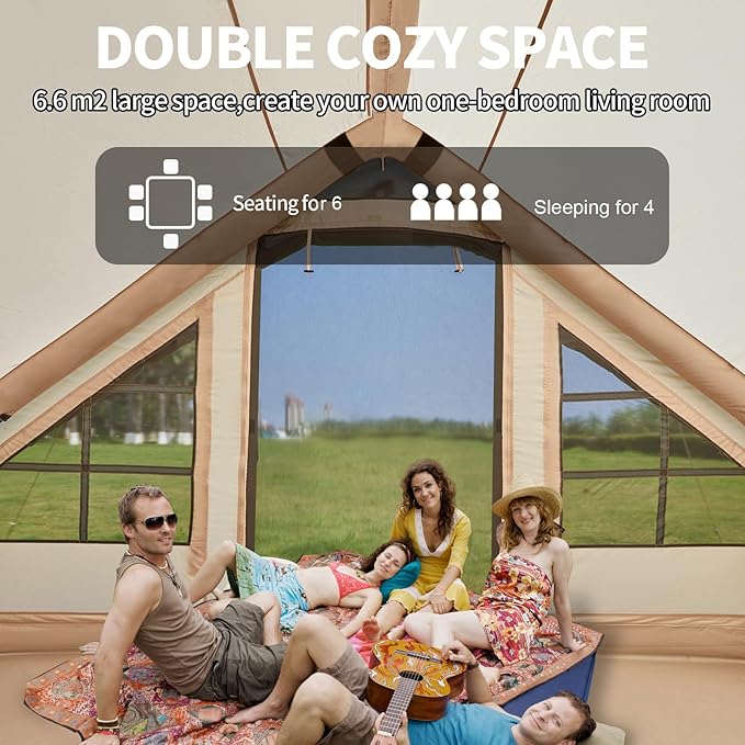 Inflatable Tents for Camping with Stove Jack, 2/4/6/8 Person Easy Setup Blow Up Tents for 4 Seasons Waterproof Inflatable Camping Tent with Awning, Air House Glamping Tents for Camping Adult